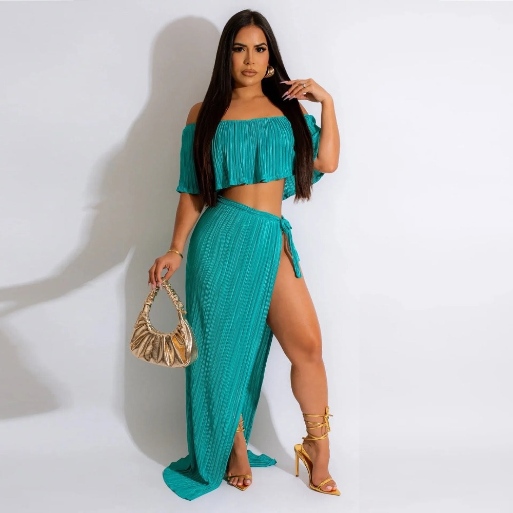 Chic Ruffles Pleated Summer Outfits 2023: Off Shoulder Crop Top + Slit Skirt Club Set